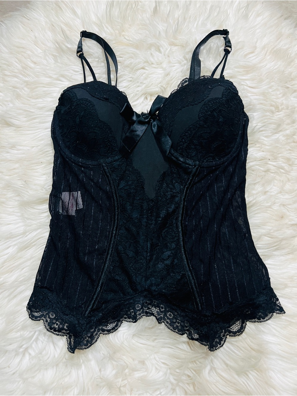Black Lace Bustier Bodysuit with Satin Bow - Women Intimates